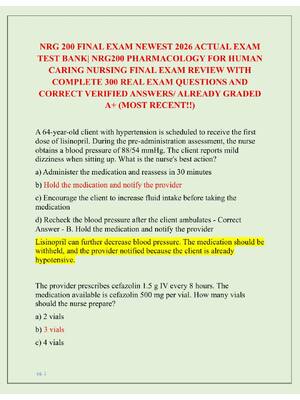 Preview of NRG 200 FINAL EXAM NEWEST 2026 ACTUAL EXAM  TEST BANK| NRG200 PHARMACOLOGY FOR HUMAN  CARI