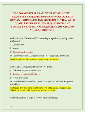 Preview of NRG 200 MIDTERM EXAM NEWEST 2026 ACTUAL  EXAM TEST BANK| NRG200 PHARMACOLOGY FOR  HUMAN CA