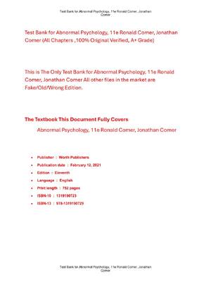 Preview of Test Bank for Abnormal Psychology 11th Edition By Ronald Comer, Jonathan Comer
