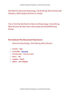 Preview of Test Bank for Abnormal Psychology 14th Edition By AnnKring, Sheri Johnson
