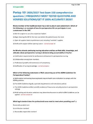 Preview of Periop 101 2026/2027 Test Exam 150 comprehensive questions | FREQUENTLY MOST TESTED QUESTIONS AND VERIFIED SOLUTIONS/GET IT 100% ACCURATE!! 2026!!