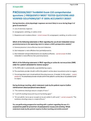 Preview of PACU2026/2027 TestBANK Exam 150 comprehensive questions | FREQUENTLY MOST TESTED QUESTIONS