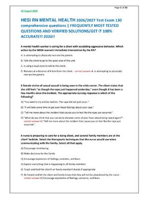 Preview of HESI RN MENTAL HEALTH 2026/2027 Test Exam 130 comprehensive questions | FREQUENTLY MOST TESTED QUESTIONS AND VERIFIED SOLUTIONS/GET IT 100% ACCURATE!! 2026!!