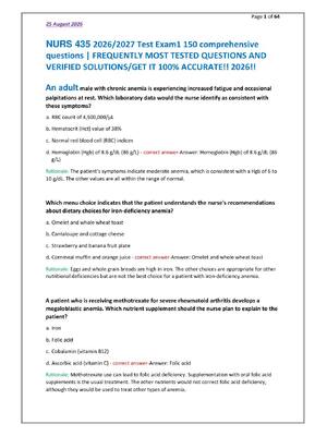 Preview of NURS 435 2026/2027 Test Exam1 150 comprehensive  questions | FREQUENTLY MOST TESTED QUESTI