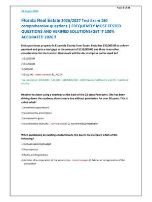 Preview of Florida Real Estate 2026/2027 Test Exam 150  comprehensive questions | FREQUENTLY MOST TESTED  QUESTIONS AND VERIFIED SOLUTIONS/GET IT 100%  ACCURATE!! 2026!!