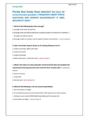 Preview of Florida Real Estate State 2026/2027 Test Exam 50 comprehensive questions | FREQUENTLY MOST TESTED QUESTIONS AND VERIFIED SOLUTIONS/GET IT 100% ACCURATE!! 2026!!