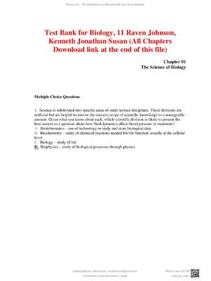 Preview of Test Bank for Biology, 11 Raven Johnson, Kenneth Jonathan Susan