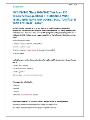 Preview of NYS EMT-B State 2026/2027 Test Exam 250  comprehensive questions | FREQUENTLY MOST  TESTED
