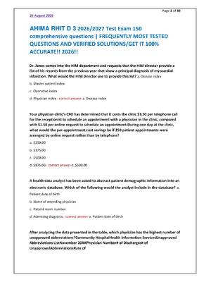 Preview of AHIMA RHIT D 3 2026/2027 Test Exam 150 comprehensive questions | FREQUENTLY MOST TESTED QU