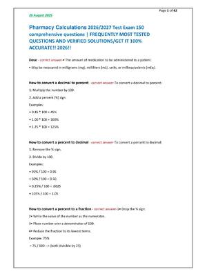 Preview of Pharmacy Calculations 2026/2027 Test Exam 150  comprehensive questions | FREQUENTLY MOST T
