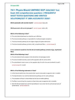 Preview of 7411 Physio Block2 UNTHSC SCP 2026/2027 Test  Exam 250 comprehensive questions | FREQUENTL