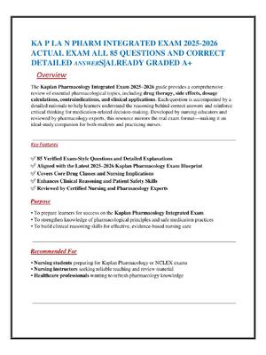 Preview of KA P LA N PHARM INTEGRATED EXAM 2025-2026  ACTUAL EXAM ALL 85 QUESTIONS AND CORRECT DETAIL