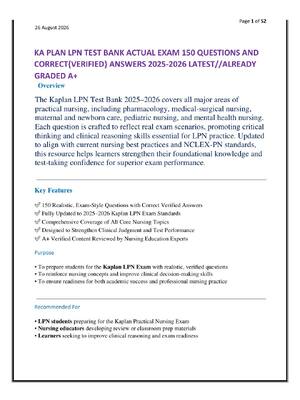 Preview of KA PLAN LPN TEST BANK ACTUAL EXAM 150 QUESTIONS AND    CORRECT{VERIFIED} ANSWERS 2025-2026