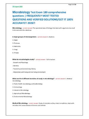 Preview of Microbiology Test Exam 180 comprehensive  questions | FREQUENTLY MOST TESTED  QUESTIONS AND VERIFIED SOLUTIONS/GET IT  100% ACCURATE!! 2026!!