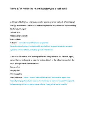 Preview of NURS 5334 Advanced Pharmacology Quiz 2 Test Bank Questions and Answers! 100% CORRECT ANSWE