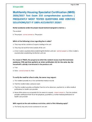 Preview of Multifamily Housing Specialist Certification  (MHS) 2026/2027 Test Exam 250 comprehensive