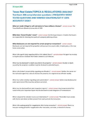 Preview of Texas Real Estate(TOPICA &amp; REGULATIONS) 2026/2027  Test Exam 200 comprehensive questions | FREQUENTLY MOST  TESTED QUESTIONS AND VERIFIED SOLUTIONS/GET IT 100%  ACCURATE!! 2026!!