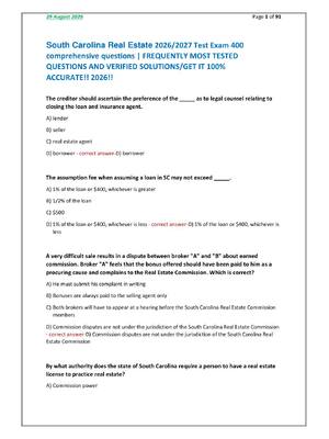 Preview of South Carolina Real Estate 2026/2027 Test Exam 400 comprehensive questions | FREQUENTLY MOST TESTED QUESTIONS AND VERIFIED SOLUTIONS/GET IT 100% ACCURATE!! 2026!!