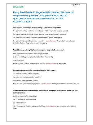 Preview of Perry Real Estate College 2026/2027 FINAL TEST Exam 100 comprehensive questions | FREQUENT