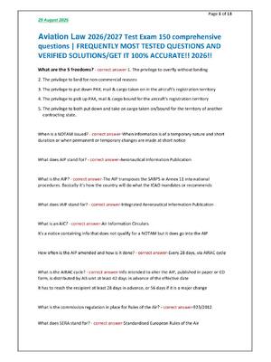 Preview of Aviation Law 2026/2027 Test Exam 150 comprehensive  questions | FREQUENTLY MOST TESTED QUE