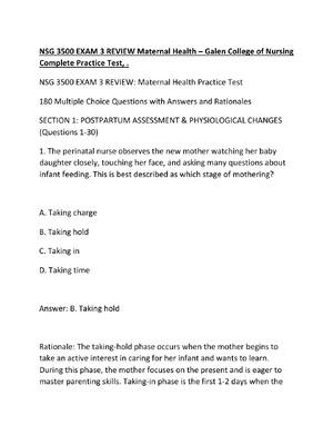 Preview of NSG 3500 EXAM 3 REVIEW Maternal Health – Galen College of Nursing Complete Practice Test,