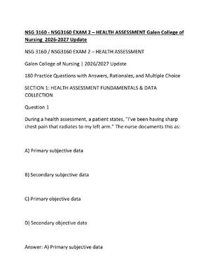 Preview of NSG 3160 - NSG3160 EXAM 2 – HEALTH ASSESSMENT Galen College of Nursing  2026-2027 Update