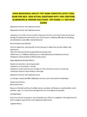Preview of HOSA BEHAVIORAL HEALTH TEST BANK COMPLETE LATEST FINAL  EXAM FOR 2025 -2026 ACTUAL QUESTIONS WITH 100% CERTIFIED,  ELABORATED &amp; VERIFIED SOLUTIONS- TOP SCORE✓✓✓ ACE YOUR  EXAMS