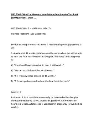 Preview of NSG 3500 EXAM 3 – Maternal Health Complete Practice Test Bank (300 Questions) Exam ....