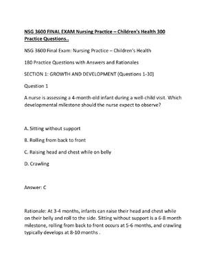 Preview of NSG 3600 FINAL EXAM Nursing Practice – Children's Health 300 Practice Questions..