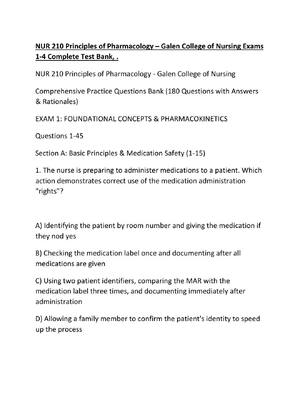 Preview of NUR 210 Principles of Pharmacology – Galen College of Nursing Exams 1-4 Complete Test Bank