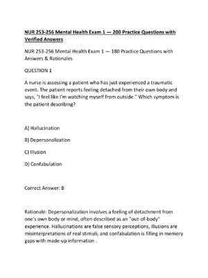 Preview of NUR 253-256 Mental Health Exam 1 — 200 Practice Questions with Verified Answers