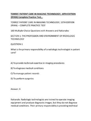Preview image for TORRES' PATIENT CARE IN IMAGING TECHNOLOGY, 10TH EDITION (RYAN) Complete Practice Test, .