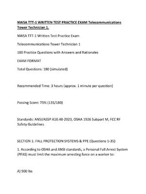 Preview image for NWSA TTT-1 WRITTEN TEST PRACTICE EXAM Telecommunications Tower Technician 1.