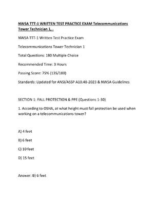 Preview image for NWSA TTT-1 WRITTEN TEST PRACTICE EXAM Telecommunications Tower Technician 1, .