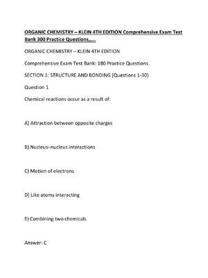 Preview of ORGANIC CHEMISTRY – KLEIN 4TH EDITION Comprehensive Exam Test Bank 300 Practice Questions,