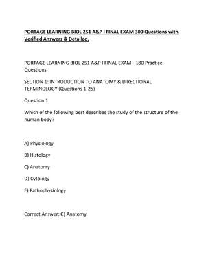 Preview of PORTAGE LEARNING BIOL 251 A&P I FINAL EXAM 300 Questions with Verified Answers & Detailed,