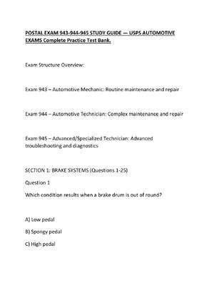 Preview of POSTAL EXAM 943-944-945 STUDY GUIDE — USPS AUTOMOTIVE EXAMS Complete Practice Test Bank.