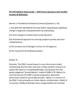 Preview of PSY 659 Midterm Study Guide — 200 Practice Questions with Verified Answers & Rationales.