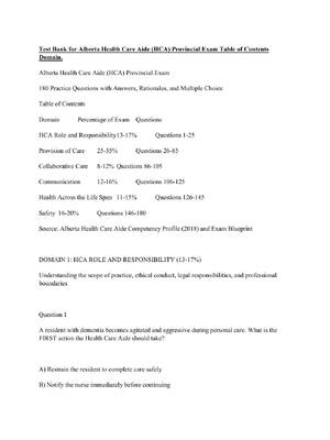 Preview of Test Bank for Alberta Health Care Aide (HCA) Provincial Exam Table of Contents  Domain.