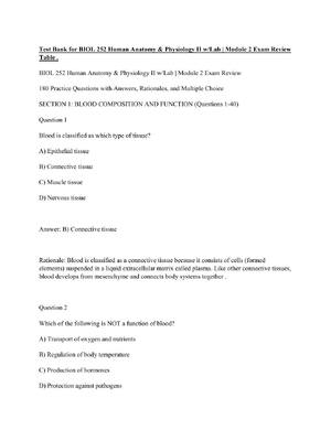 Preview of Test Bank for BIOL 252 Human Anatomy & Physiology II wLab  Module 2 Exam Review Table .