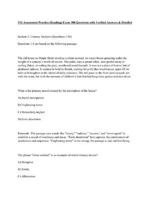 Preview of TSI Assessment Practice (Reading) Exam 300 Questions with Verified Answers & Detailed