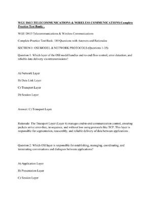 Preview of WGU D413 TELECOMMUNICATIONS & WIRELESS COMMUNICATIONS Complete Practice Test Bank .