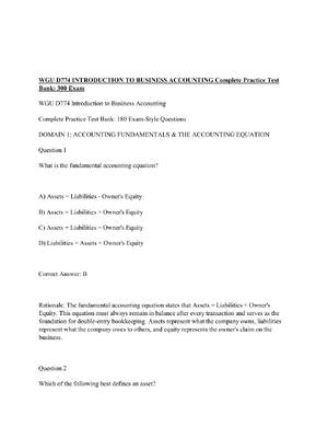 Preview of WGU D774 INTRODUCTION TO BUSINESS ACCOUNTING Complete Practice Test Bank