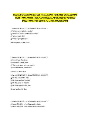 Preview of HESI A2 GRAMMAR LATEST FINAL EXAM FOR 2025-2026 ACTUAL  QUESTIONS WITH 100% CERTIFIED, ELA
