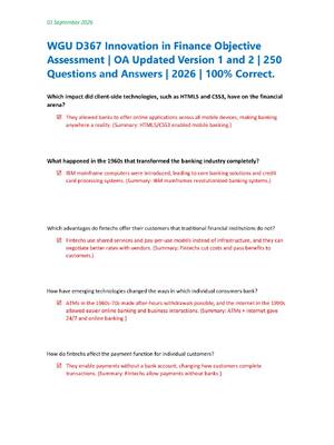Preview of WGU D367 Innovation in Finance Objective  Assessment | OA Updated Version 1 and 2 | 250  Q