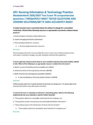 Preview of ATI: Nursing Informatics &amp; Technology Practice  Assessment 2026/2027 Test Exam 70 comprehensive  questions | FREQUENTLY MOST TESTED QUESTIONS AND  VERIFIED SOLUTIONS/GET IT 100% ACCURATE!! 2026!!