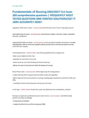 Preview of Fundamentals of Nursing 2026/2027 Test Exam  200 comprehensive questions | FREQUENTLY MOST