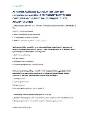 Preview of All Hazmat Awareness 2026/2027 Test Exam 150  comprehensive questions | FREQUENTLY MOST TESTED  QUESTIONS AND VERIFIED SOLUTIONS/GET IT 100%  ACCURATE!! 2026!!