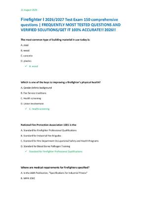 Preview of Firefighter I 2026/2027 Test Exam 150 comprehensive  questions | FREQUENTLY MOST TESTED QUESTIONS AND  VERIFIED SOLUTIONS/GET IT 100% ACCURATE!! 2026!!