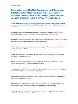 Preview of Comprehensive HazMat Awareness and Response  Strategies 2026/2027 Test Exam 350 comprehensive  questions | FREQUENTLY MOST TESTED QUESTIONS AND  VERIFIED SOLUTIONS/GET IT 100% ACCURATE!! 2026!!